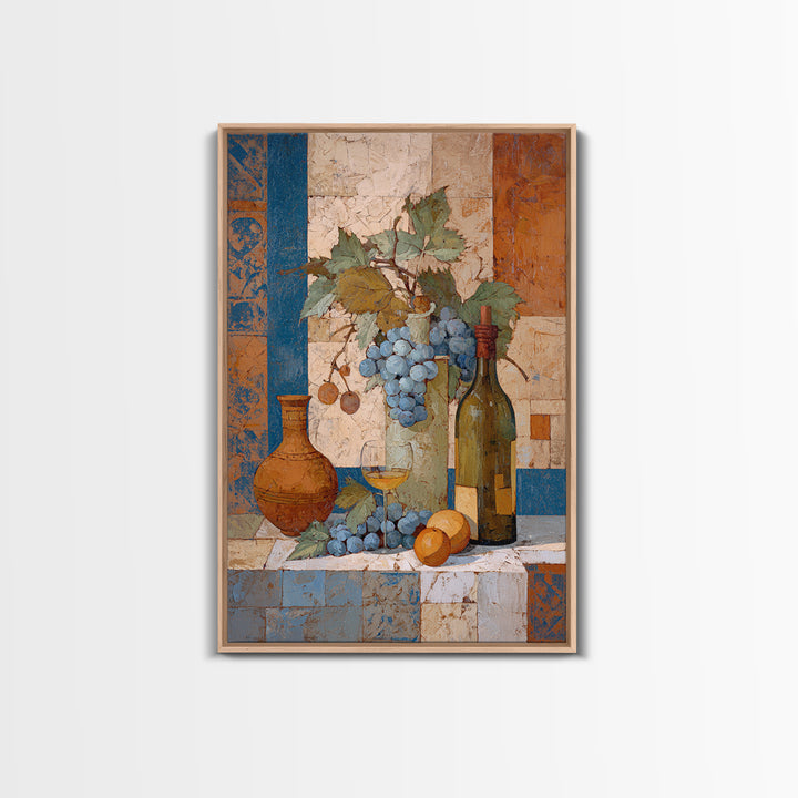 Grapevine and Wine Still Life on Linen Framed Canvas Print, Italian Villa Art, Digital Art Print, Living Room Decor, IVA-2x3-63
