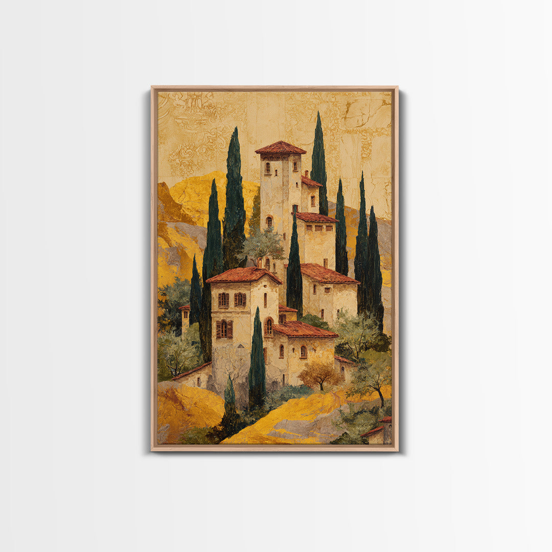 Tuscan Hillside with Cypress Trees and Golden Canvas Print, Italian Villa Art, Minimalist Decor, Living Room Decor, IVA-2x3-81