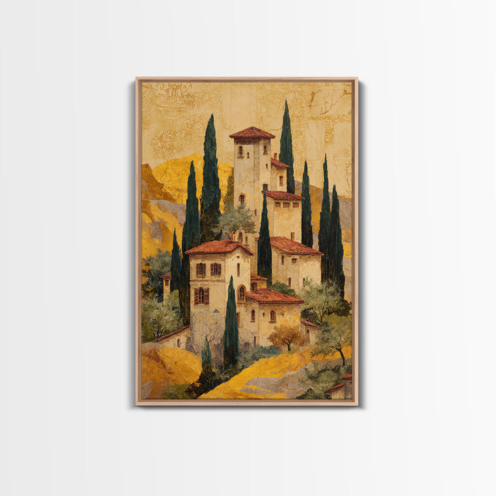 Tuscan Hillside with Cypress Trees and Golden Canvas Print, Italian Villa Art, Minimalist Decor, Living Room Decor, IVA-2x3-81