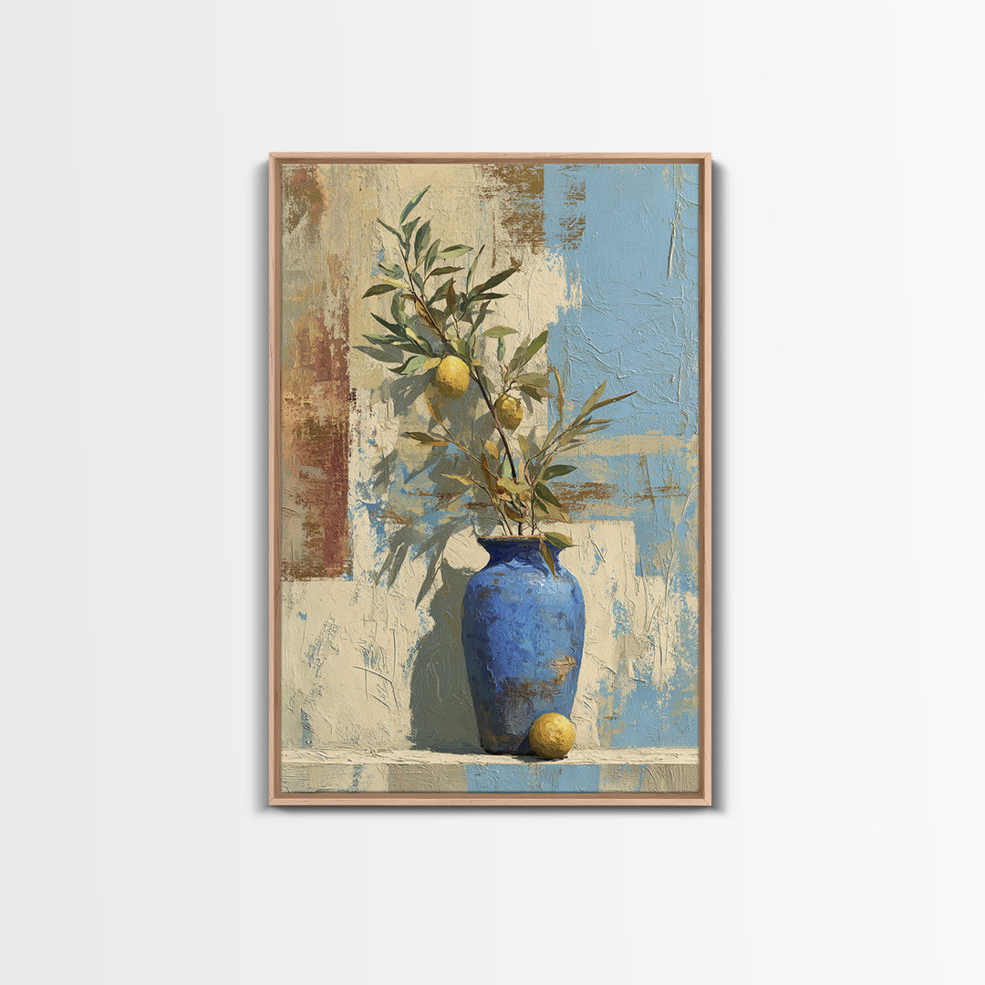 Lemon Branch in Blue Ceramic Vase Canvas Print, Italian Villa Art, Luxury Decor, Living Room Decor, Villa, Framed Wall Art, IVA-2x3-82