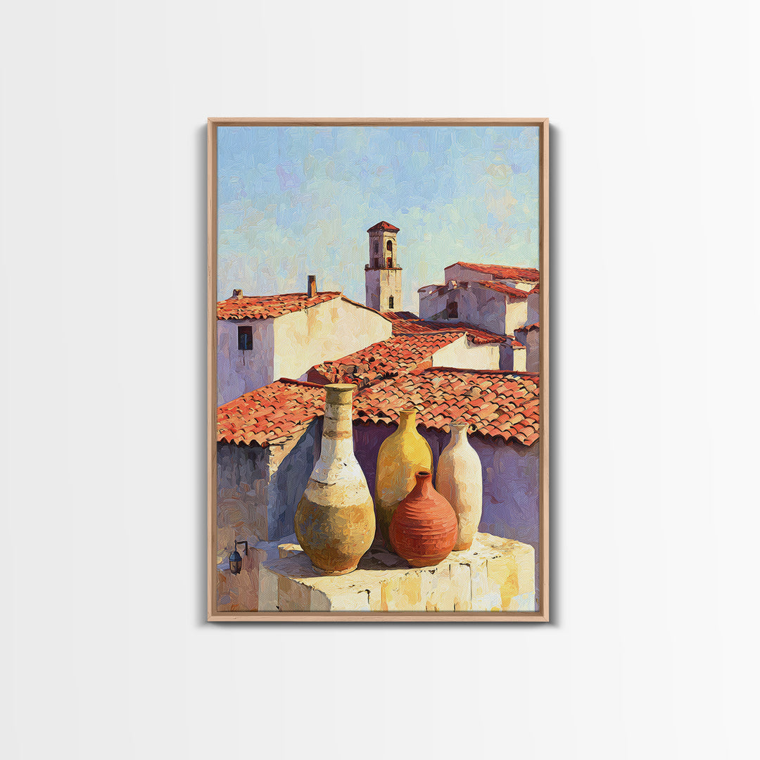 Terracotta Rooftops Against Pale Sky Framed Canvas Print, Italian Villa Art, Digital Wall Art, Living Room Decor, Villa, IVA-2x3-84