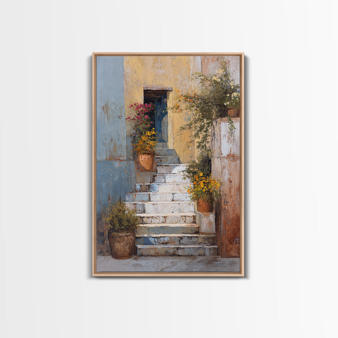 Sunlit Stone Stairway Canvas Print, Italian Villa Art, Luxury Decor, Living Room Decor, Fine Art, Villa, Framed Wall Art, IVA-2x3-91