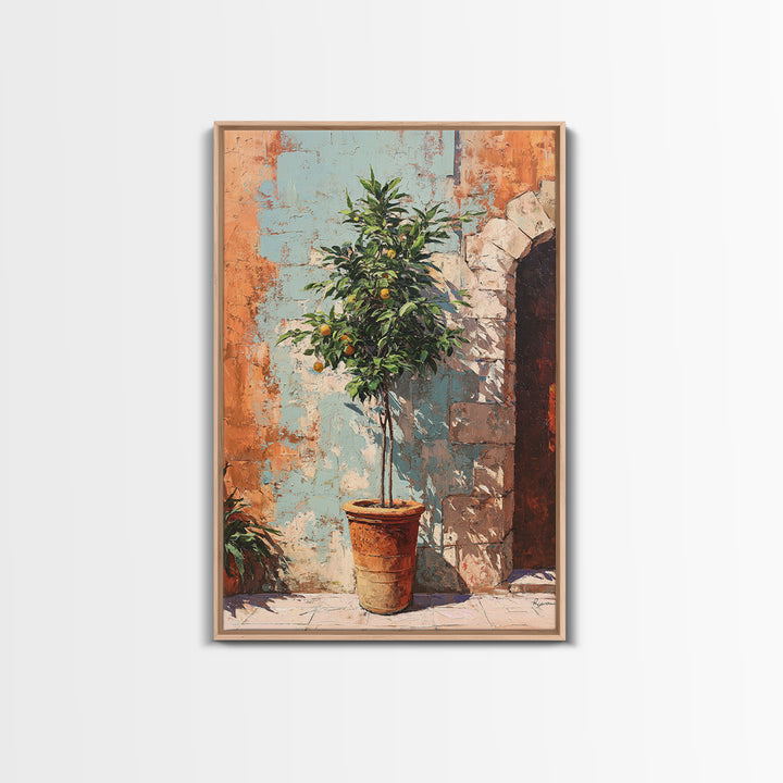 Orange Tree in a Courtyard Planter Framed Canvas Print, Italian Villa Art, Textured Painting, Living Room Decor, Villa, IVA-2x3-94