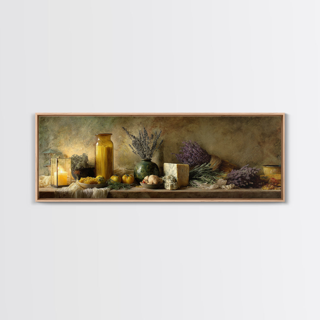 Pasta Herbs and Tomatoes Still Life Canvas Print, Italian Villa Art, Living Room Art, Living Room Decor, Watercolor Art, Villa, IVA-3x1-11