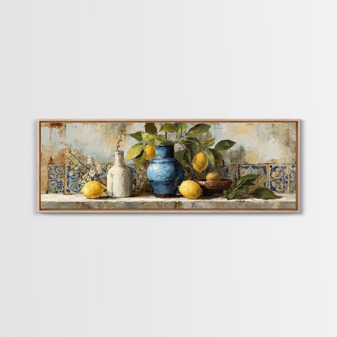Lemon Branch in Blue Ceramic Vase Framed Canvas Print, Italian Villa Art, Living Room Decor, Watercolor Art, Villa, IVA-3x1-18