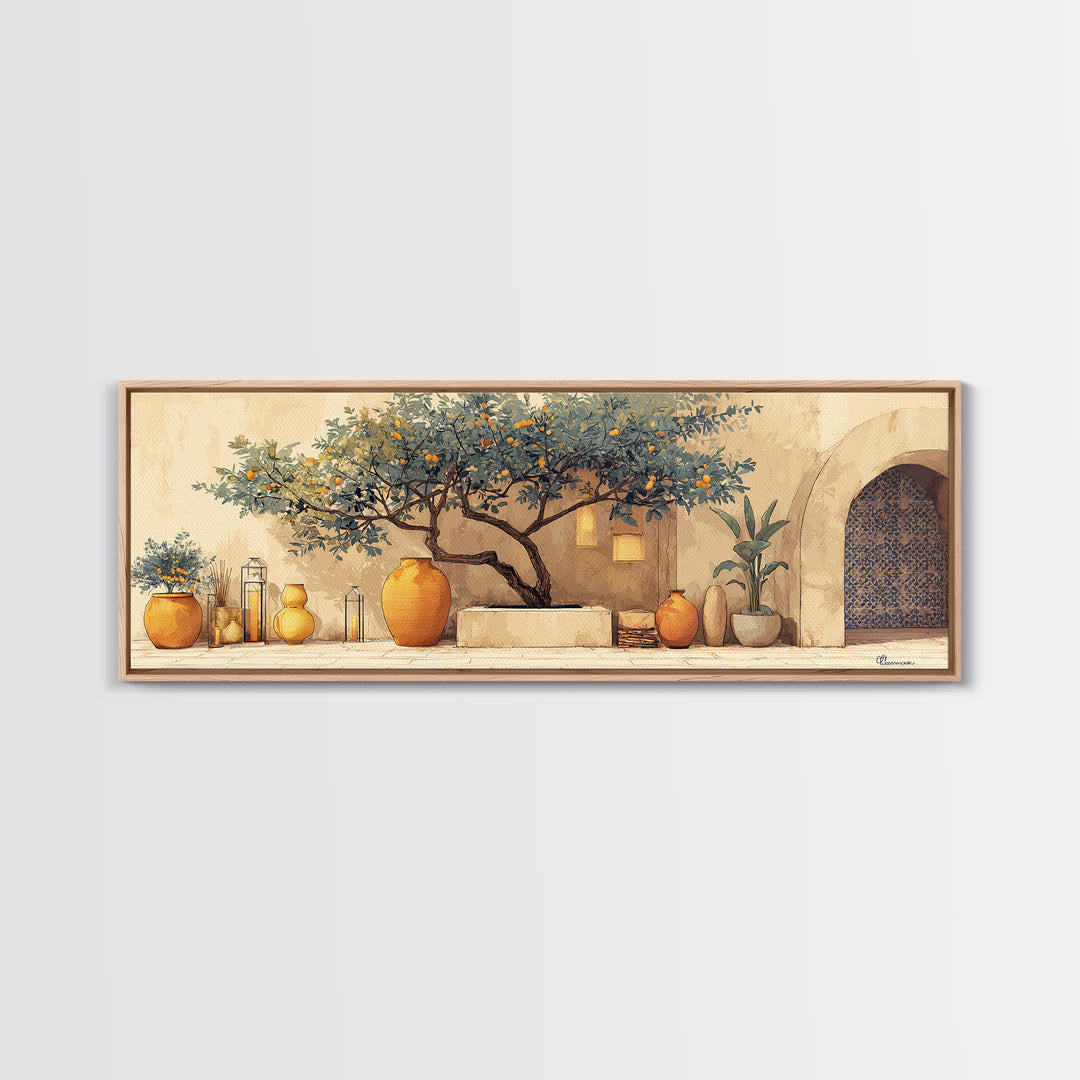 Orange Tree in a Courtyard Planter Canvas Print, Italian Villa Art, Statement Artwork, Living Room Decor, Fine Art, Villa, IVA-3x1-30