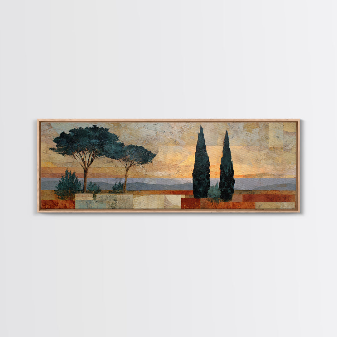 Cypress Silhouette at Sunset Framed Canvas Print, Italian Villa Art, Oil Painting, Living Room Decor, Watercolor Art, Villa, IVA-3x1-37
