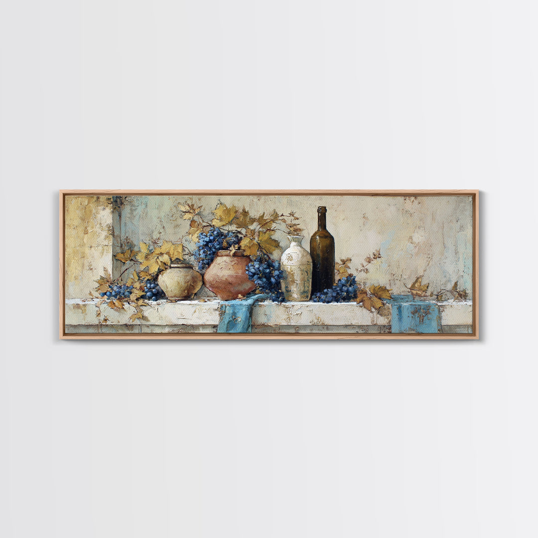 Grapevine and Wine Still Life on Linen Framed Canvas Print, Italian Villa Art, Room Decor, Living Room Decor, Fine Art, Villa, IVA-3x1-47