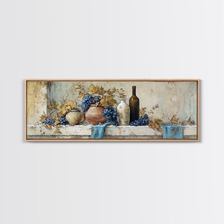 Grapevine and Wine Still Life on Linen Framed Canvas Print, Italian Villa Art, Room Decor, Living Room Decor, Fine Art, Villa, IVA-3x1-47