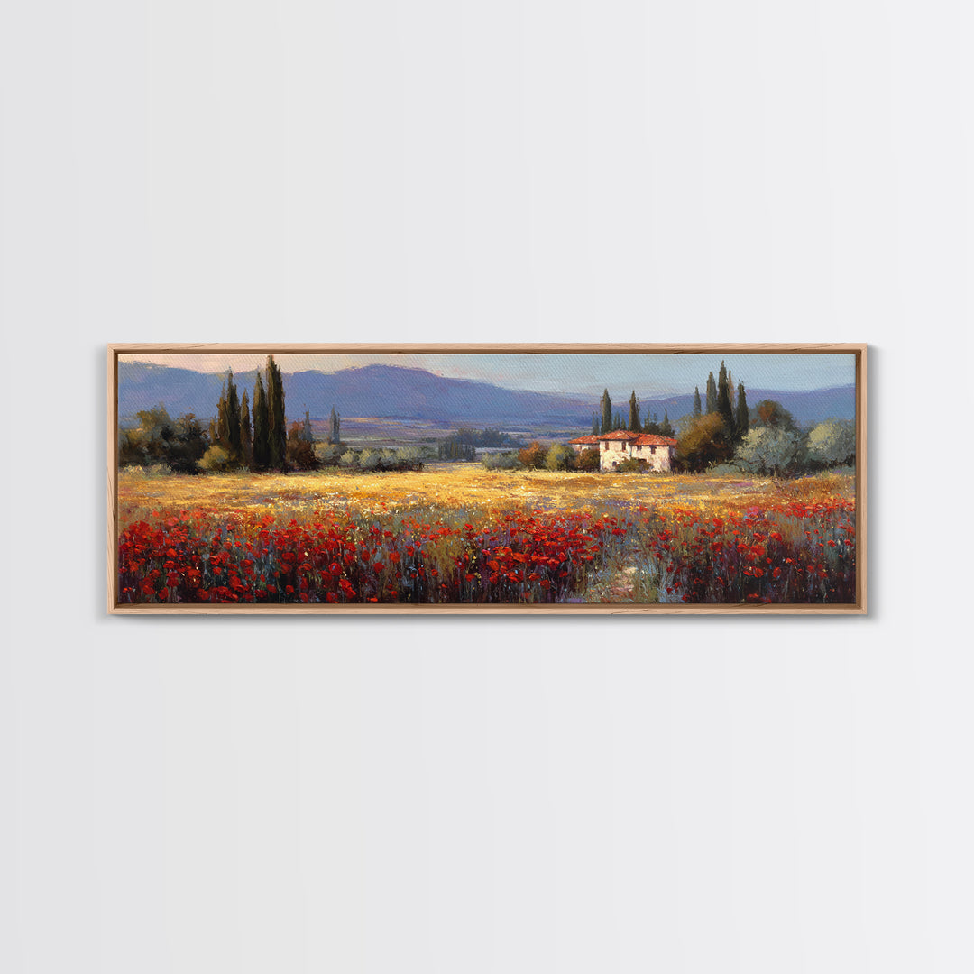 Tuscan Poppy Field Framed Canvas Print, Italian Villa Art, Boho Decor, Living Room Decor, Fine Art, Villa, Digital Wall Art, IVA-3x1-55