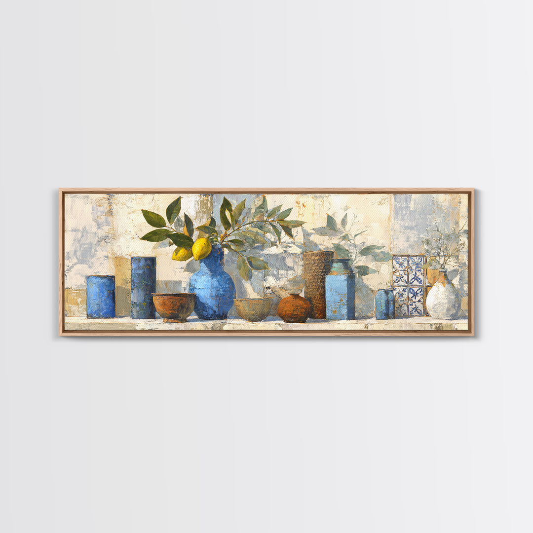 Lemon Branch in Blue Ceramic Vase Canvas Print, Italian Villa Art, Large Wall Art, Living Room Decor, Watercolor Art, Villa, IVA-3x1-66