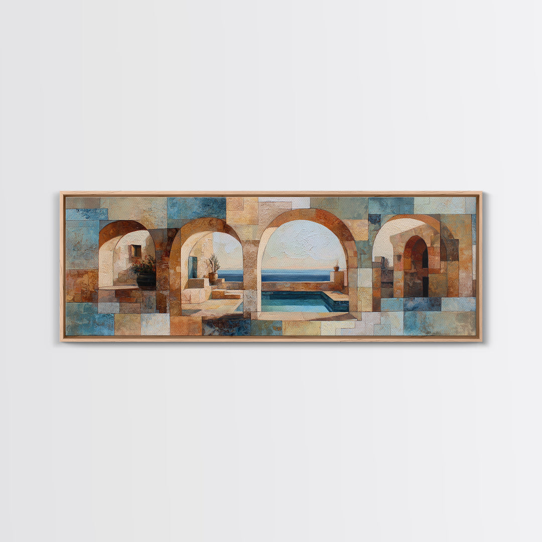 Mediterranean Arch Framing Blue Sea Framed Canvas Print, Italian Villa Art, Textured Painting, Living Room Decor, Villa, IVA-3x1-72