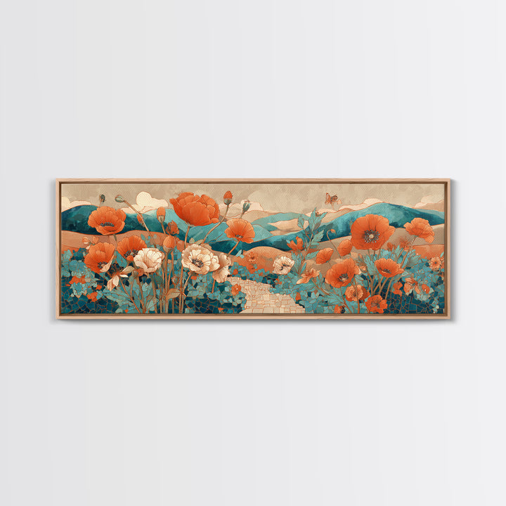 Tuscan Poppy Field Framed Canvas Print, Italian Villa Art, Oil Painting, Living Room Decor, Villa, Farmhouse Wall Art, IVA-3x1-79
