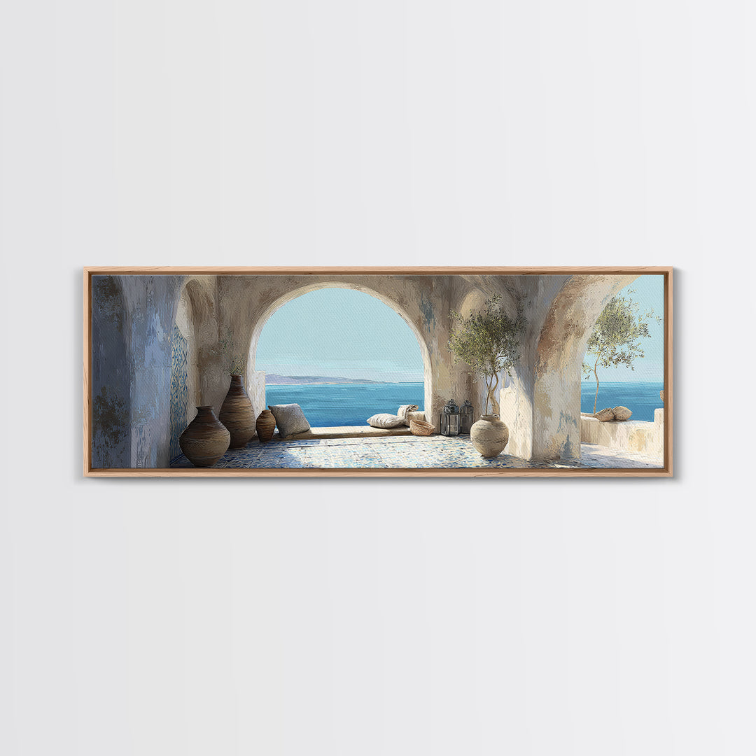 Mediterranean Arch Framing Blue Sea Canvas Print, Italian Villa Art, Gallery Wall, Living Room Decor, Fine Art, Villa, IVA-3x1-96