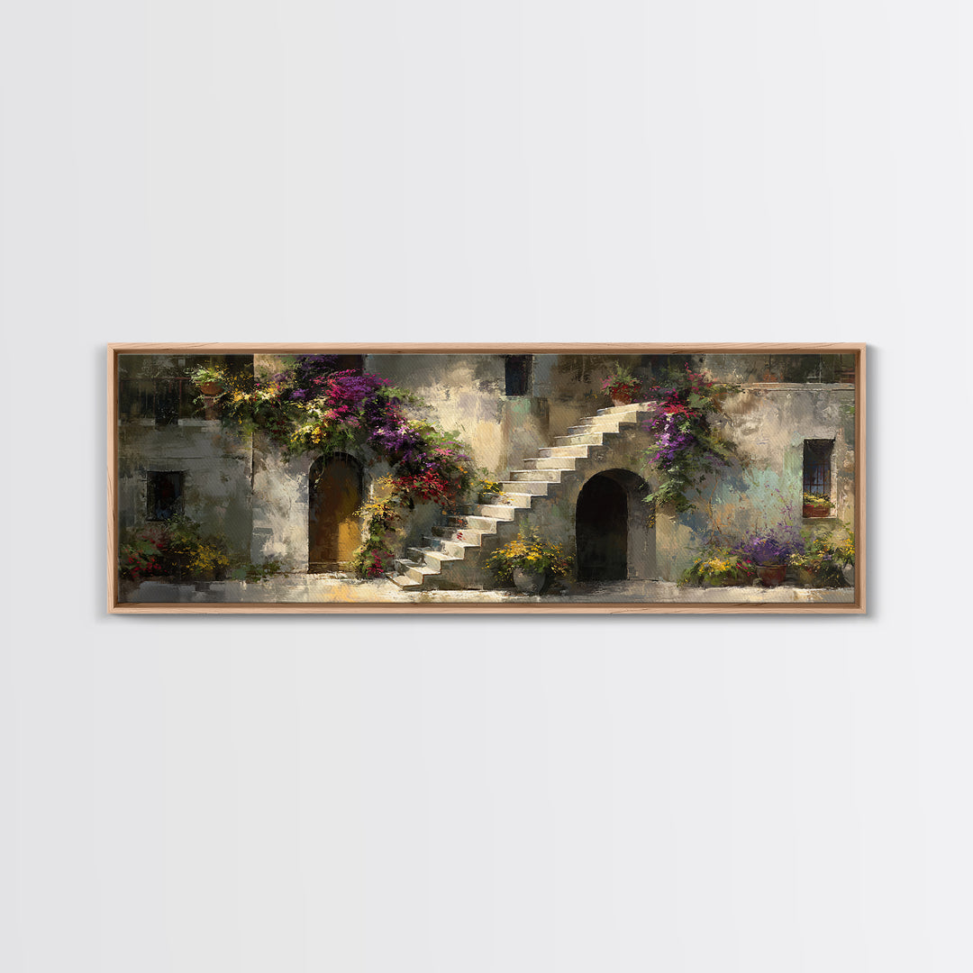 Sunlit Stone Stairway Framed Canvas Print, Italian Villa Art, Gallery Wall Set, Living Room Decor, Villa, Modern Decor, IVA-3x1-99
