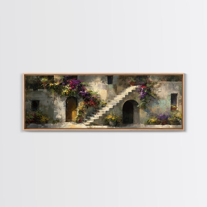 Sunlit Stone Stairway Framed Canvas Print, Italian Villa Art, Gallery Wall Set, Living Room Decor, Villa, Modern Decor, IVA-3x1-99