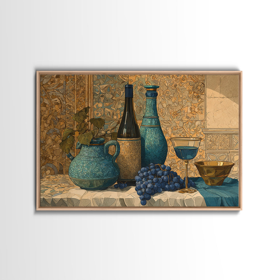 Grapevine and Wine Still Life on Linen Canvas Print, Italian Villa Art, Minimalist Decor, Living Room Decor, Abstract Art, IVA-3x2-11