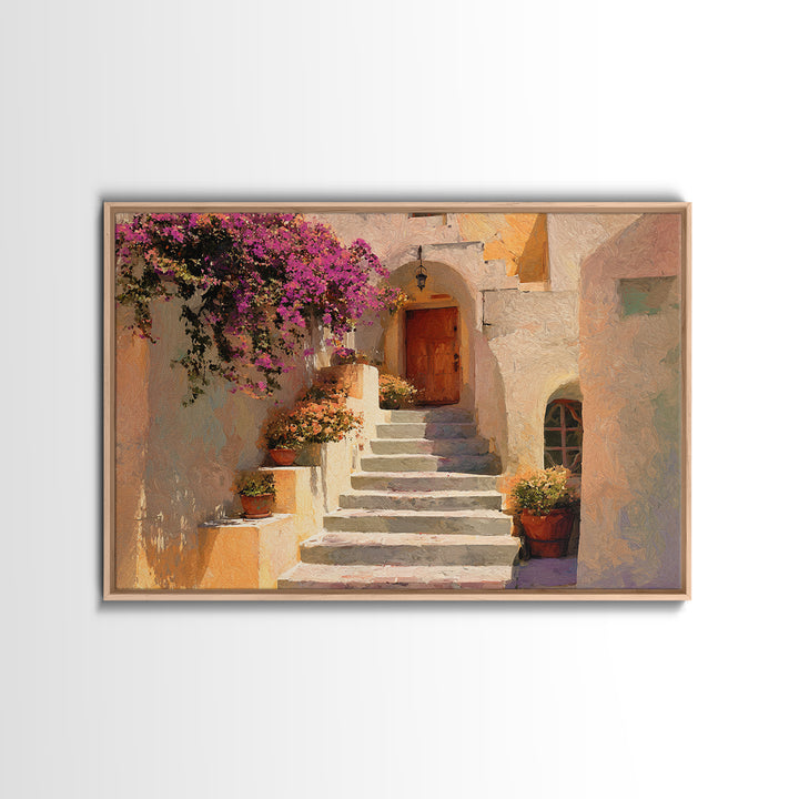 Sunlit Stone Stairway Framed Canvas Print, Italian Villa Art, Neutral Decor, Living Room Decor, Fine Art, Villa, IVA-3x2-15