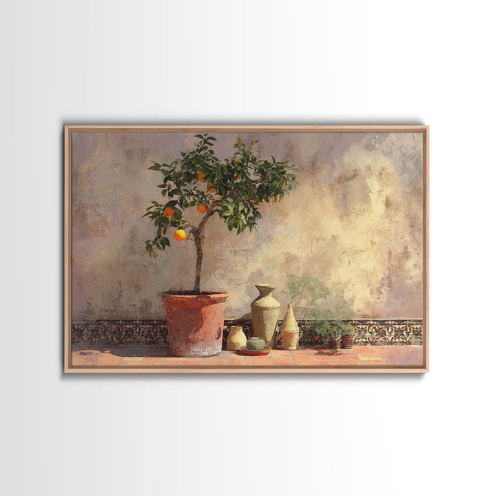 Orange Tree in a Courtyard Planter Framed Canvas Print, Italian Villa Art, Textured Painting, Living Room Decor, Villa, IVA-3x2-18