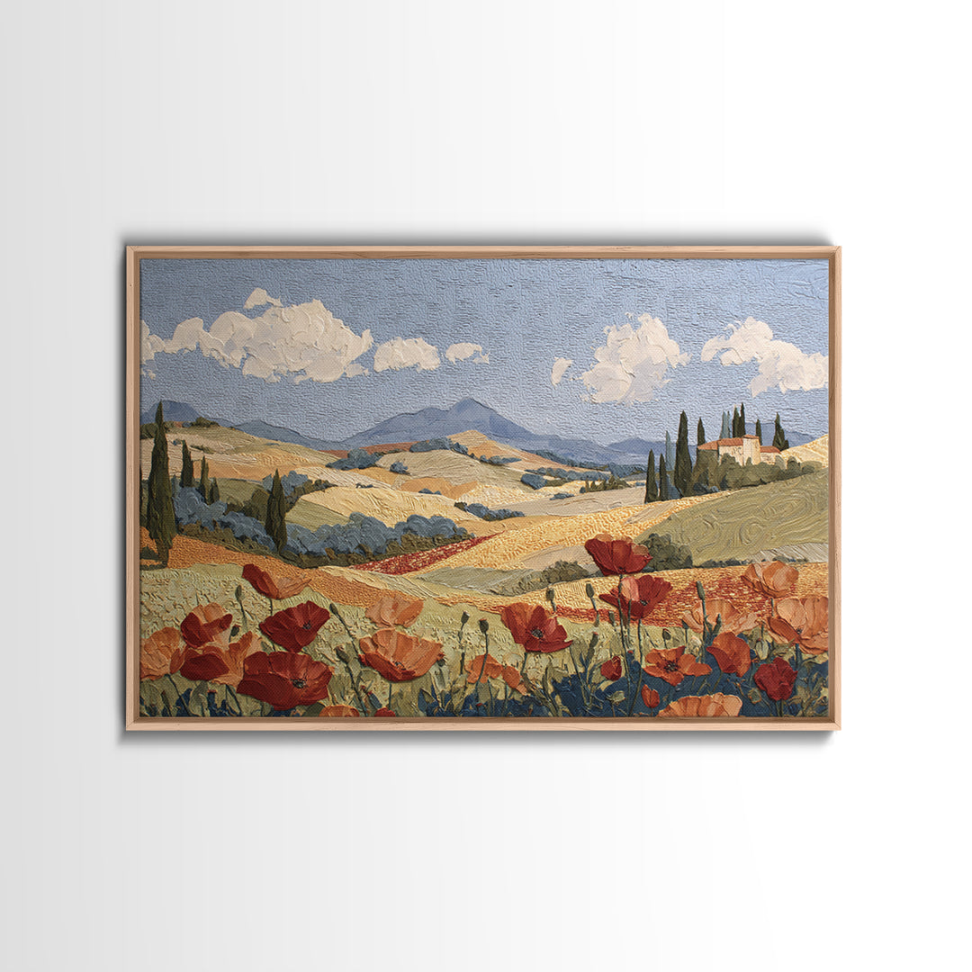Tuscan Poppy Field Framed Canvas Print, Italian Villa Art, Printable Wall Art, Living Room Decor, Villa, Coastal Wall Art, IVA-3x2-19