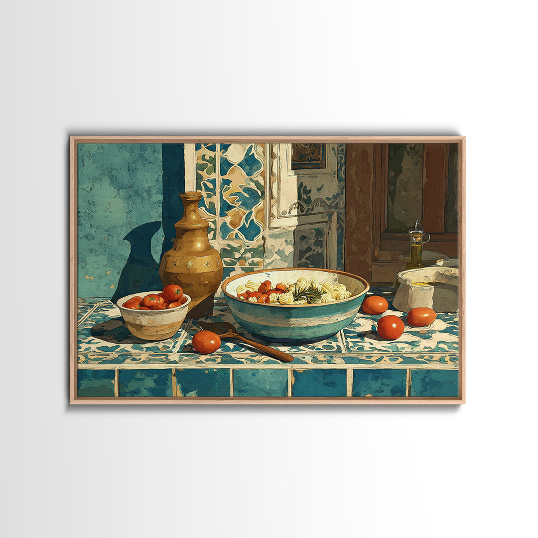 Pasta Herbs and Tomatoes Still Life Framed Canvas Print, Italian Villa Art, Room Decor, Living Room Decor, Fine Art, Villa, IVA-3x2-23