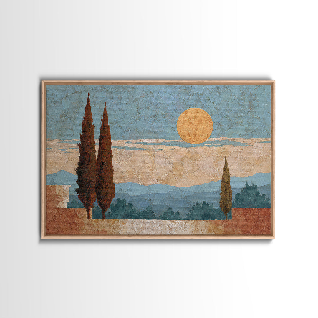 Cypress Silhouette at Sunset Framed Canvas Print, Italian Villa Art, Oil Painting, Living Room Decor, Abstract Art, Villa, IVA-3x2-25