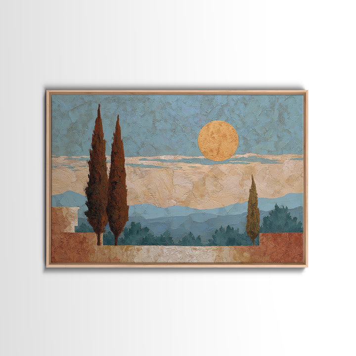 Cypress Silhouette at Sunset Framed Canvas Print, Italian Villa Art, Oil Painting, Living Room Decor, Abstract Art, Villa, IVA-3x2-25