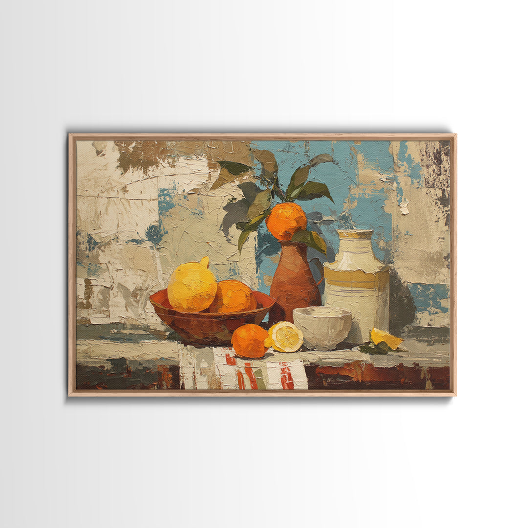 Coastal Lemons and Striped Cloth Arrangement Framed Canvas Print, Italian Villa Art, Boho Decor, Living Room Decor, Villa, IVA-3x2-28