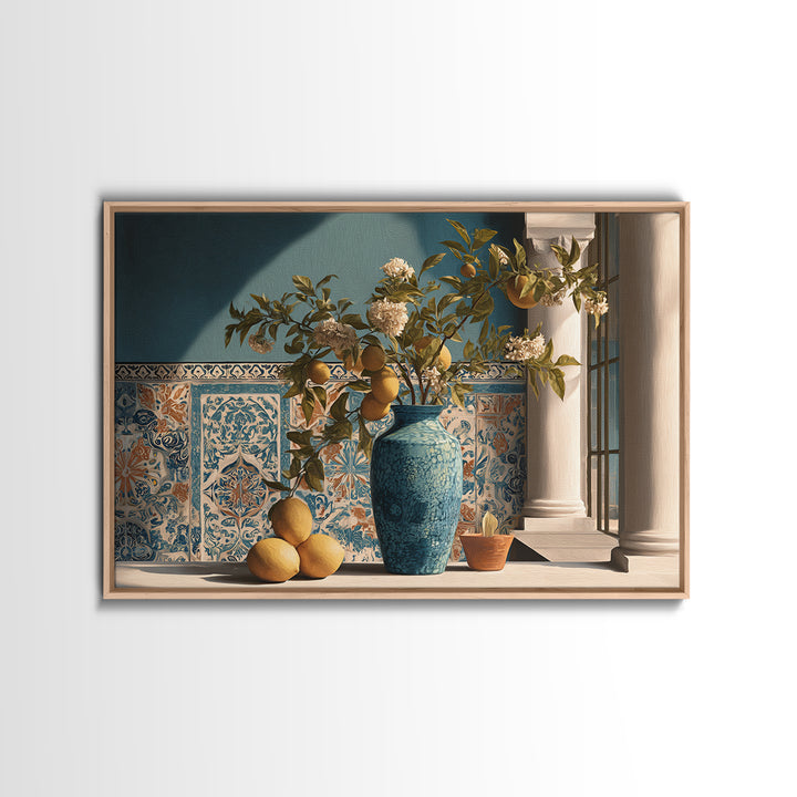 Lemon Branch in Blue Ceramic Vase Canvas Print, Italian Villa Art, Large Wall Art, Living Room Decor, Oil Painting, Villa, IVA-3x2-30