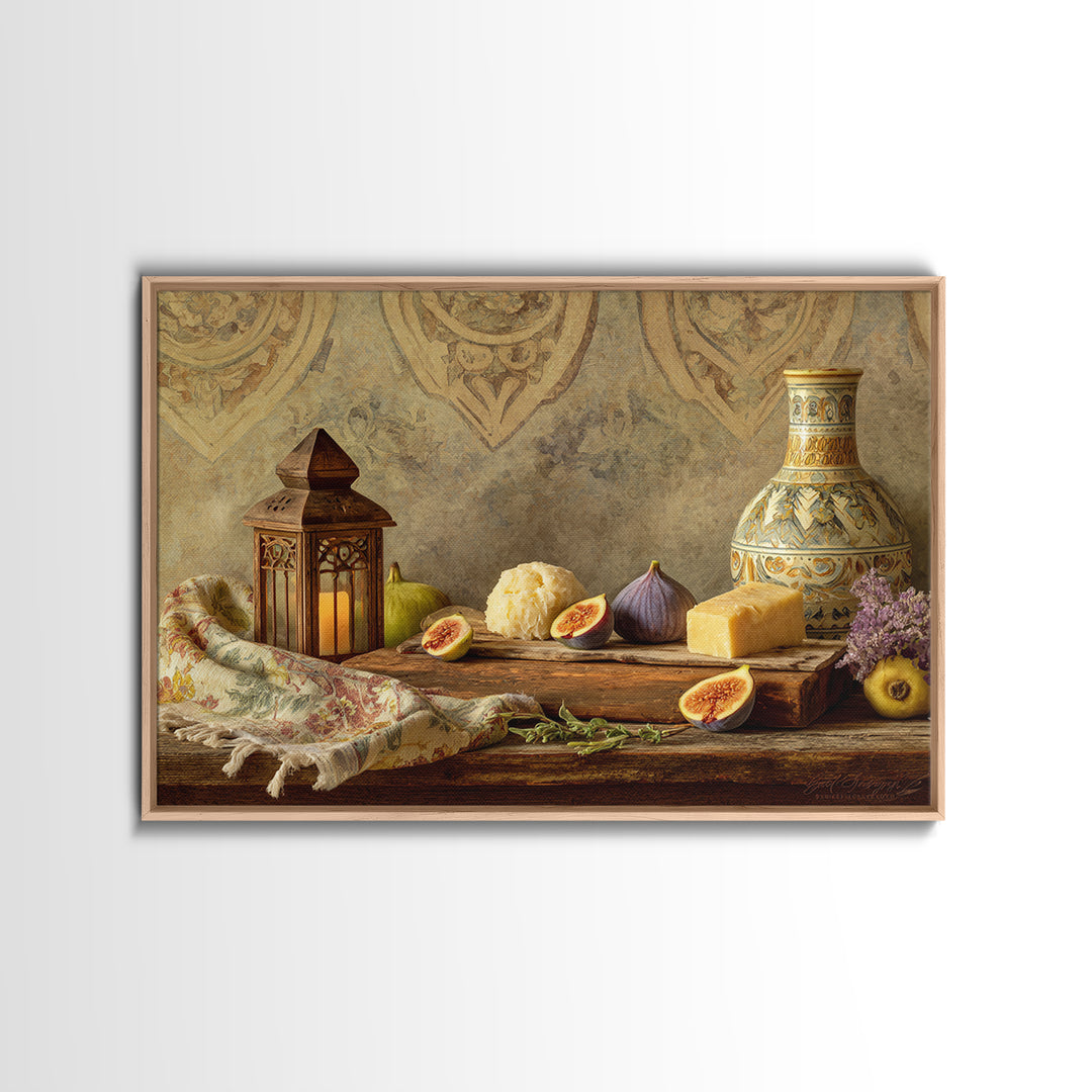 Figs and Cheese on Rustic Wooden Board Canvas Print, Italian Villa Art, Framed Wall Art, Living Room Decor, Oil Painting, Villa, IVA-3x2-37