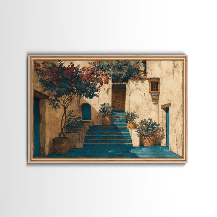 Sunlit Stone Stairway Framed Canvas Print, Italian Villa Art, Bedroom Wall Art, Living Room Decor, Villa, Travel Poster, IVA-3x2-39