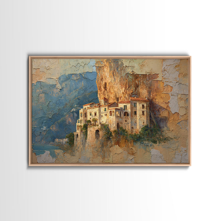Amalfi Coast Cliffs Framed Canvas Print, Italian Villa Art, Printable Art, Living Room Decor, Watercolor Art, Villa, IVA-3x2-41