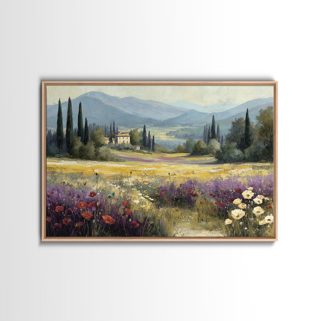 Tuscan Poppy Field Canvas Print, Italian Villa Art, Framed Wall Art, Living Room Decor, Abstract Art, Villa, Colorful Wall Art, IVA-3x2-43