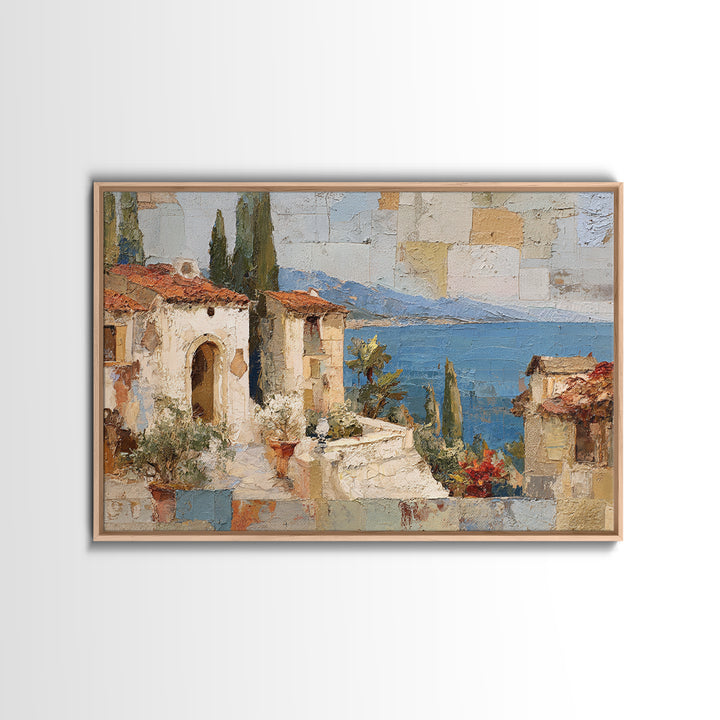 Mediterranean Arch Framing Blue Sea Framed Canvas Print, Italian Villa Art, Bedroom Wall Art, Living Room Decor, Villa, IVA-3x2-60