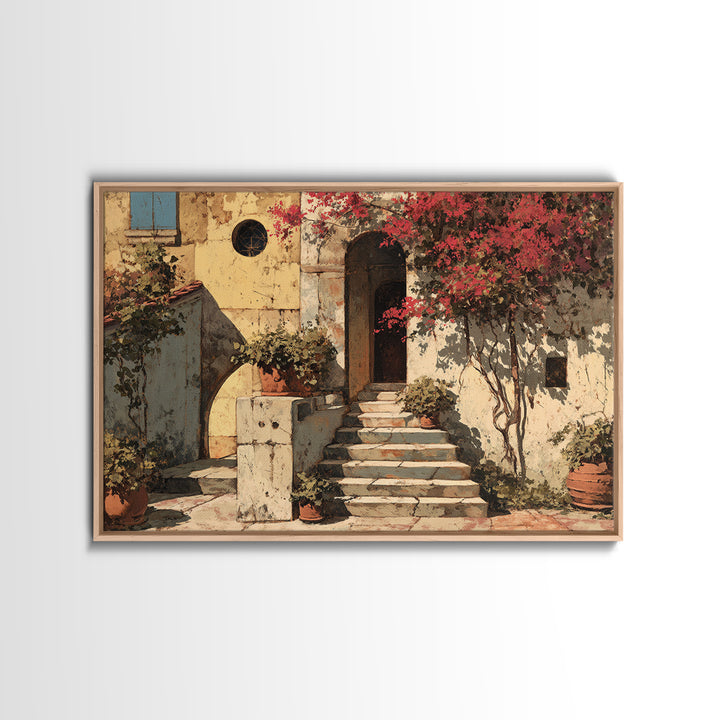 Sunlit Stone Stairway Framed Canvas Print, Italian Villa Art, Neutral Decor, Living Room Decor, Fine Art, Villa, IVA-3x2-63