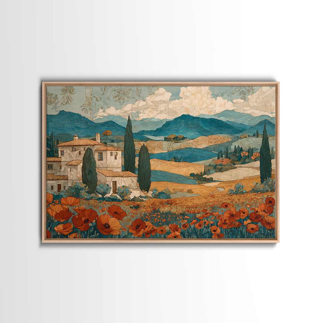Tuscan Poppy Field Canvas Print, Italian Villa Art, Landscape Art, Living Room Decor, Watercolor Art, Villa, IVA-3x2-67