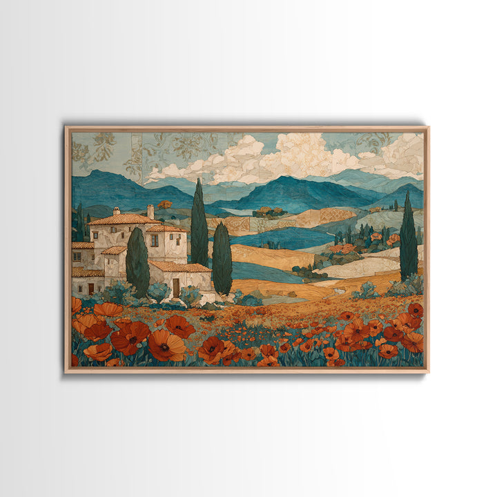 Tuscan Poppy Field Canvas Print, Italian Villa Art, Landscape Art, Living Room Decor, Watercolor Art, Villa, IVA-3x2-67