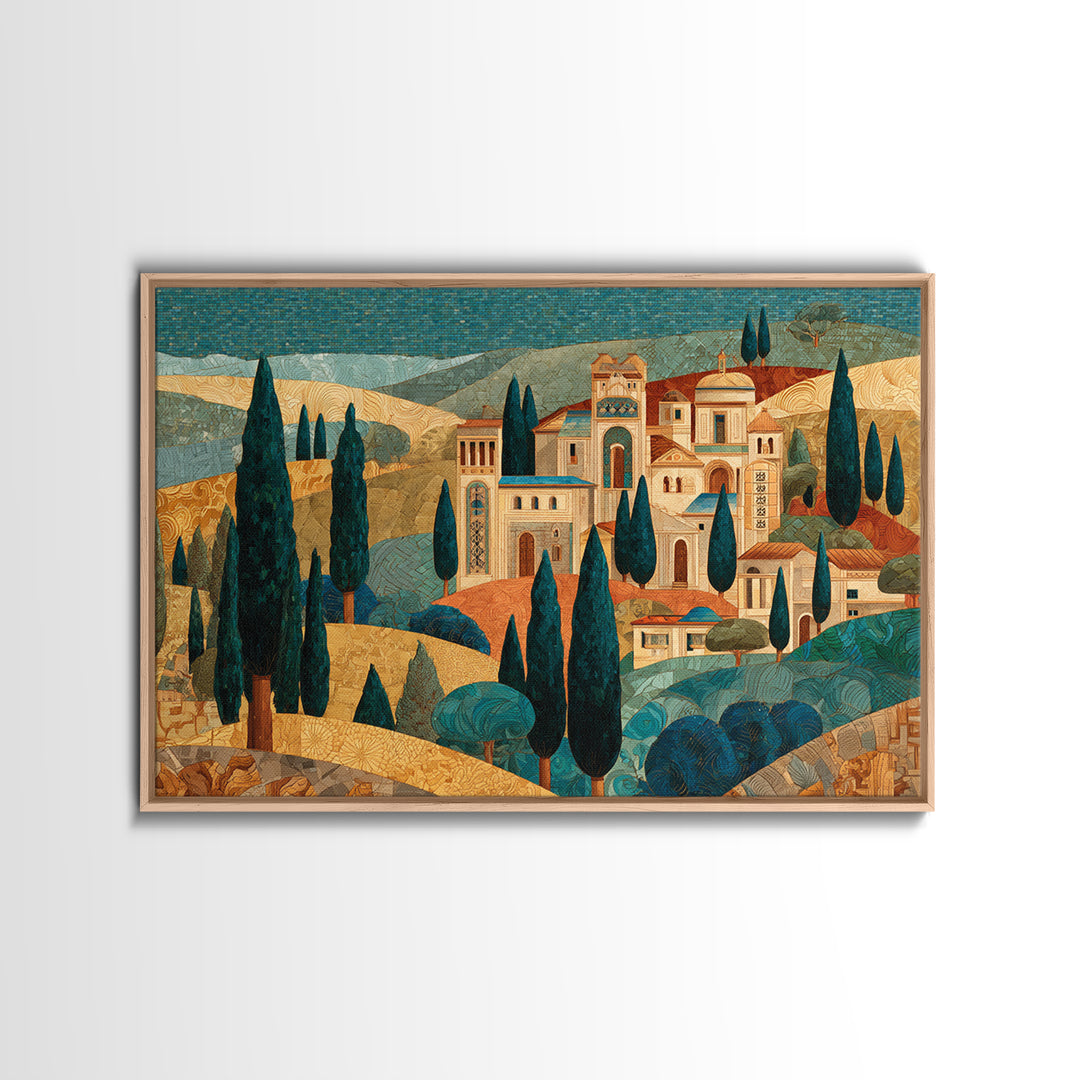Tuscan Hillside with Cypress Trees and Golden Canvas Print, Italian Villa Art, Farmhouse Wall Art, Living Room Decor, Villa, IVA-3x2-77