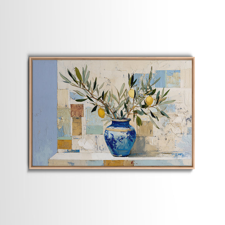 Lemon Branch in Blue Ceramic Vase Framed Canvas Print, Italian Villa Art, Bedroom Wall Art, Living Room Decor, Watercolor Art, IVA-3x2-78