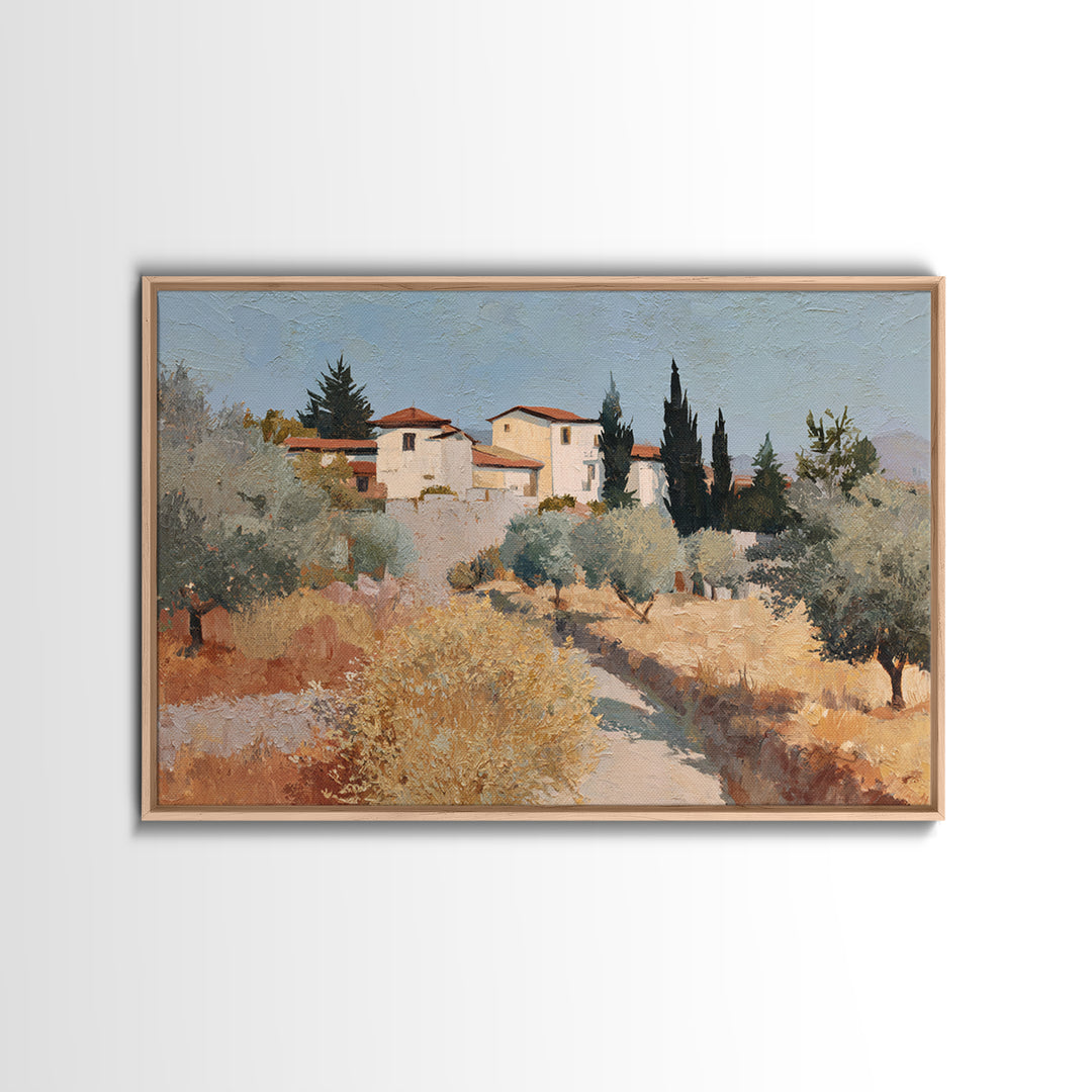 Olive Grove Path Framed Canvas Print, Italian Villa Art, Oil Painting, Living Room Decor, Watercolor Art, Villa, IVA-3x2-79