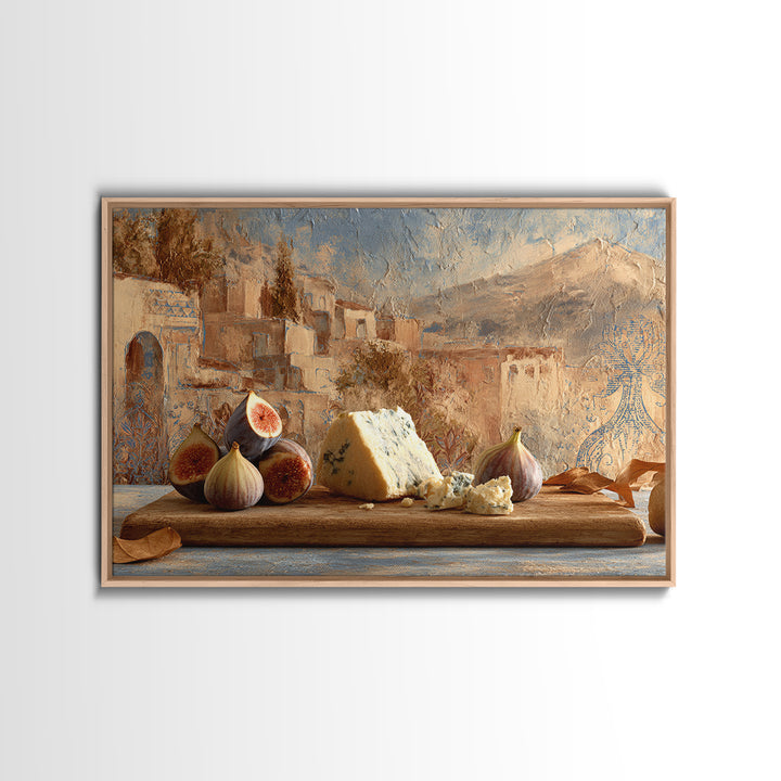 Figs and Cheese on Rustic Wooden Board Framed Canvas Print, Italian Villa Art, Bedroom Wall Decor, Living Room Decor, Villa, IVA-3x2-85