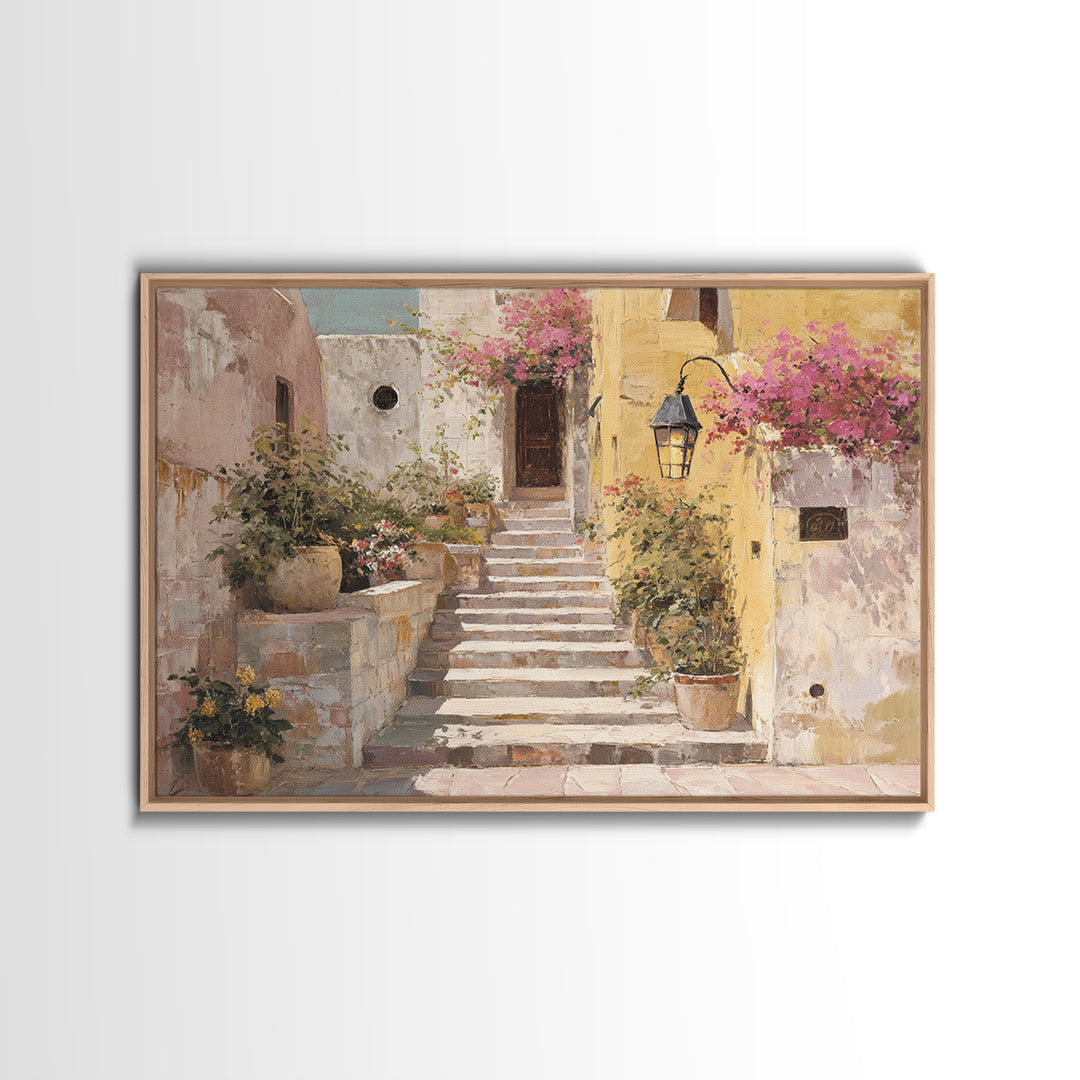 Sunlit Stone Stairway Framed Canvas Print, Italian Villa Art, Bedroom Wall Art, Living Room Decor, Villa, Travel Poster, IVA-3x2-87