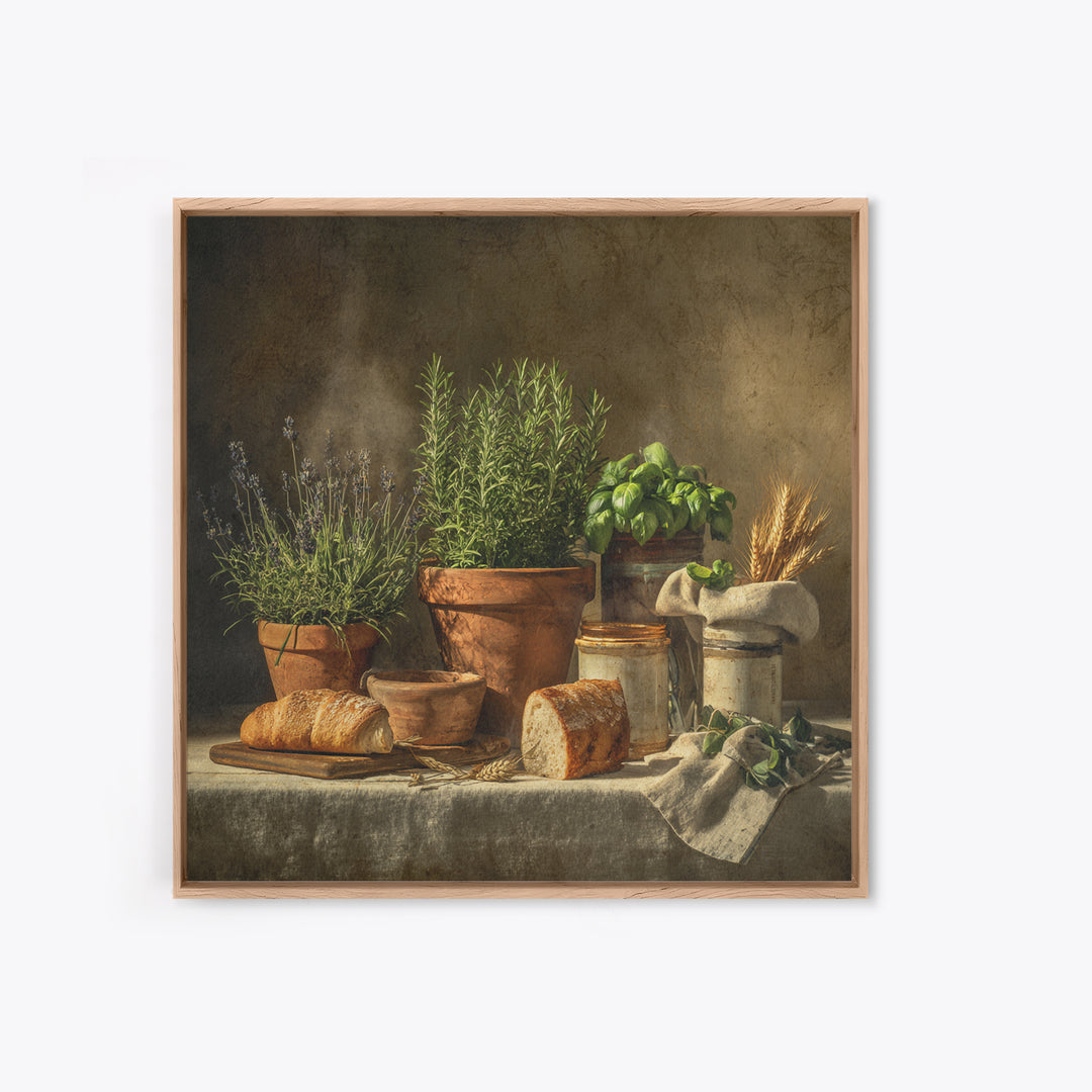 Fresh Herbs in Terracotta Pots Framed Canvas Print, Kitchen Art, Coffee Wall Art, Kitchen Decor, Fine Art, Kitchen, Room Decor, KIT-1x1-1