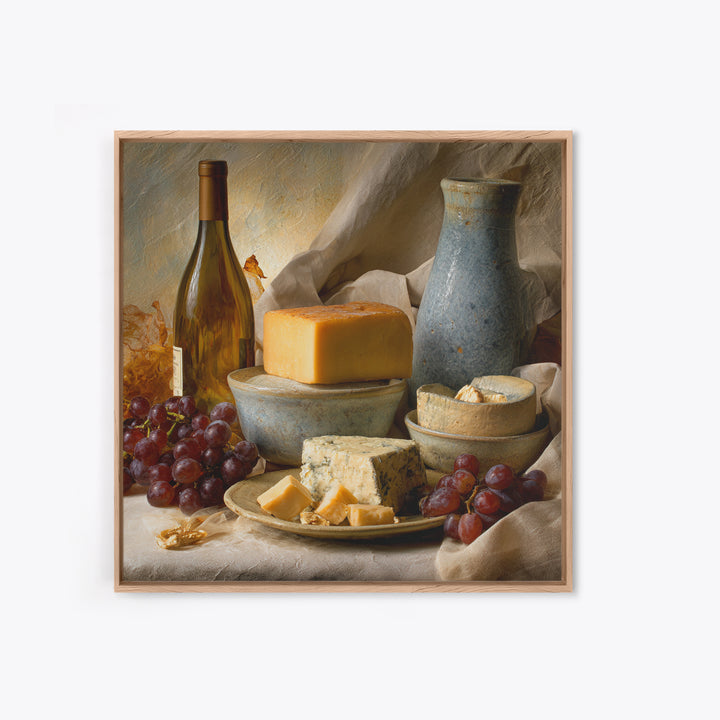 Wine Bottle Grapes and Cheese Still Life Framed Canvas Print, Kitchen Art, Kitchen, Kitchen Decor, Fine Art, Kitchen, KIT-1x1-12