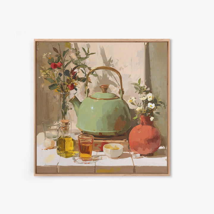 Tea Kettle with Steam and Wildflowers Canvas Print, Kitchen Art, Coffee Art, Kitchen Decor, Fine Art, Kitchen, Fine Art Print, KIT-1x1-14