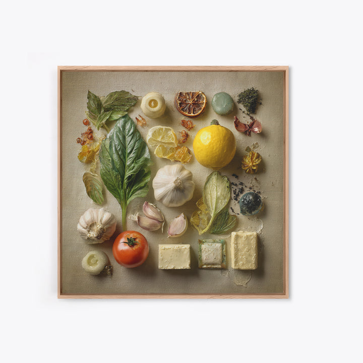 Tomatoes Garlic and Basil on Linen Canvas Print, Kitchen Art, Digital Wall Art, Kitchen Decor, Kitchen, Kitchen Prints, KIT-1x1-3