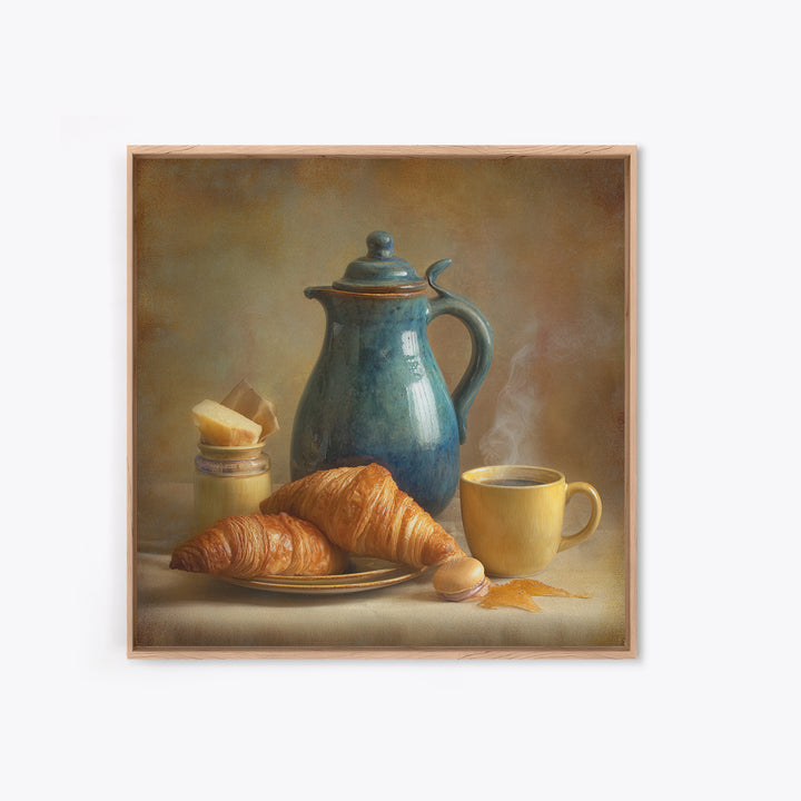 Coffee Pot and Croissant Morning Still Life Canvas Print, Kitchen Art, Kitchen Decor, Fine Art, Kitchen, Kitchen Art Print, KIT-1x1-31