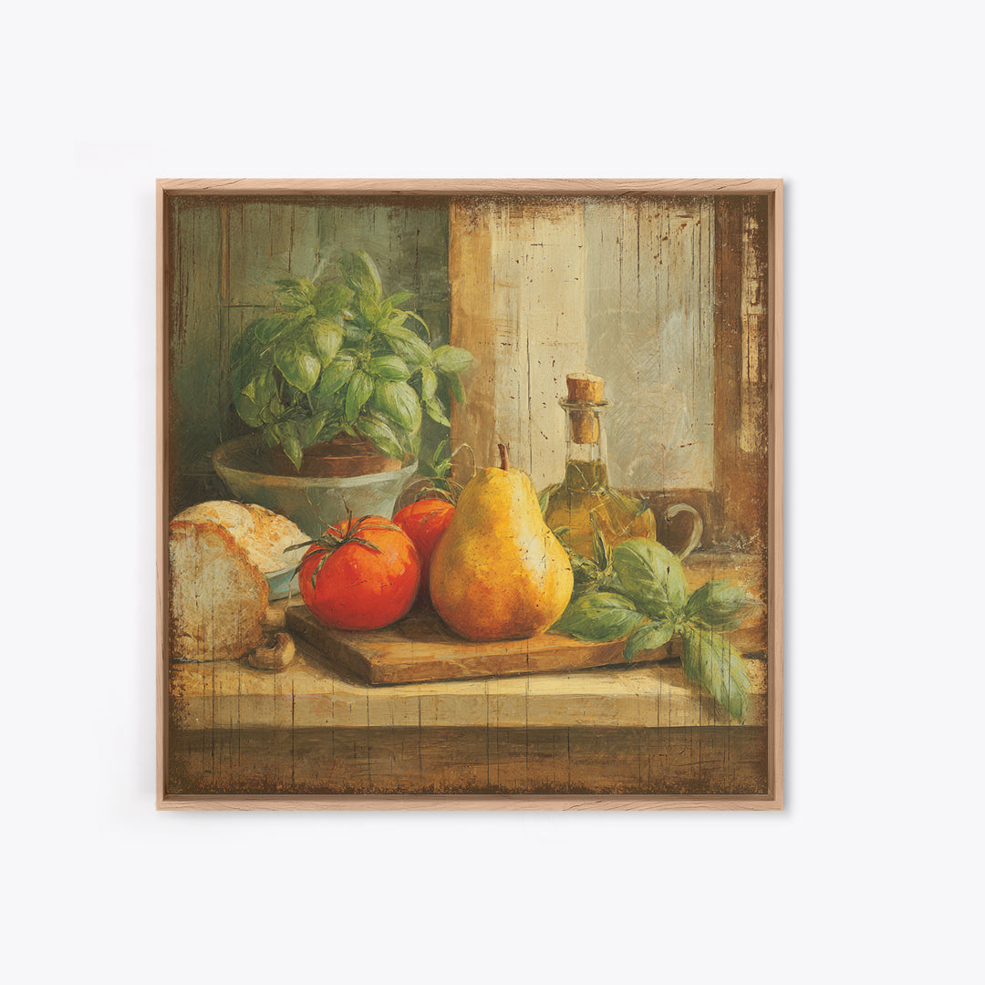 Farmhouse Pears on a Wooden Board Framed Canvas Print, Kitchen Art, Statement Artwork, Kitchen Decor, Abstract Art, Kitchen, KIT-1x1-33