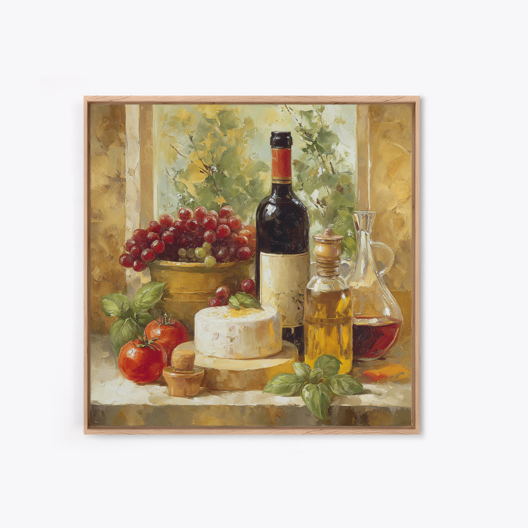 Wine Bottle Grapes and Cheese Still Life Canvas Print, Kitchen Art, Printable Wall Art, Kitchen Decor, Watercolor Art, Kitchen, KIT-1x1-36