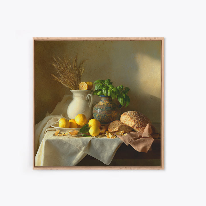 Pasta Lemons and Basil Mediterranean Still Life Framed Canvas Print, Kitchen Art, Gallery Decor, Kitchen Decor, Kitchen, KIT-1x1-41